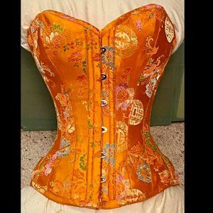 Orange Silk Brocade Steel Boned Corset Tightlacing